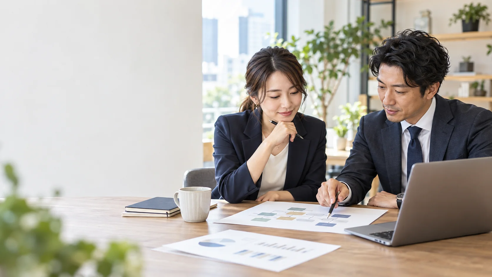 同じテーブルで資料を確認しながら話し合うチーム