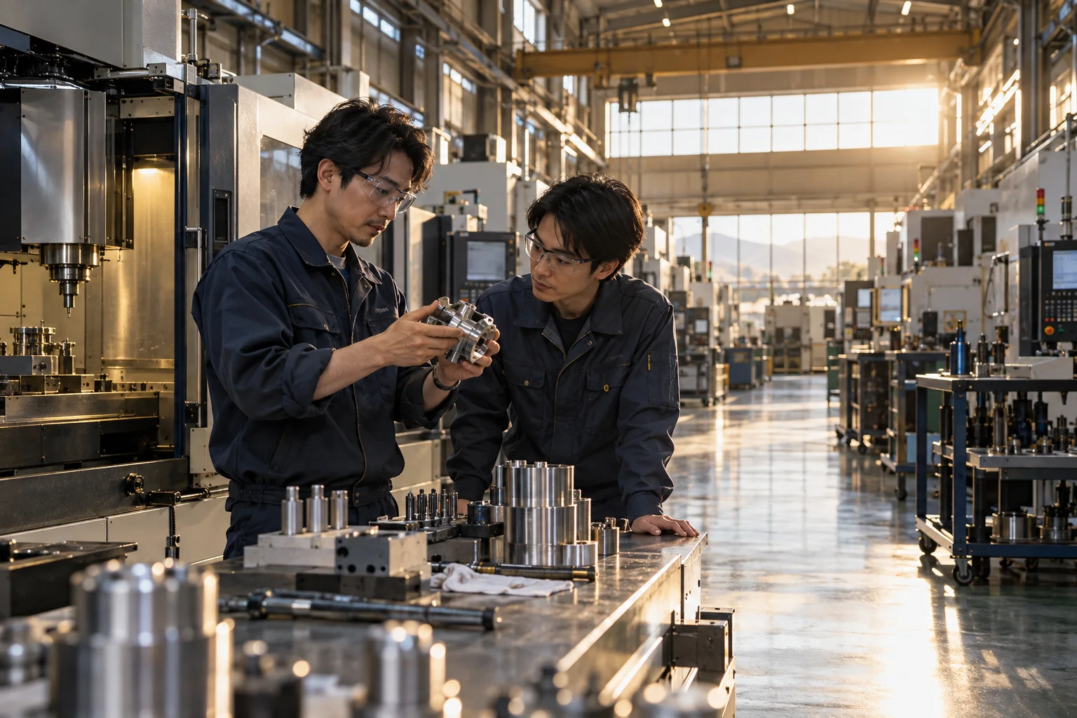 明るい精密加工の工場で、部品を確かめる二人の技術者