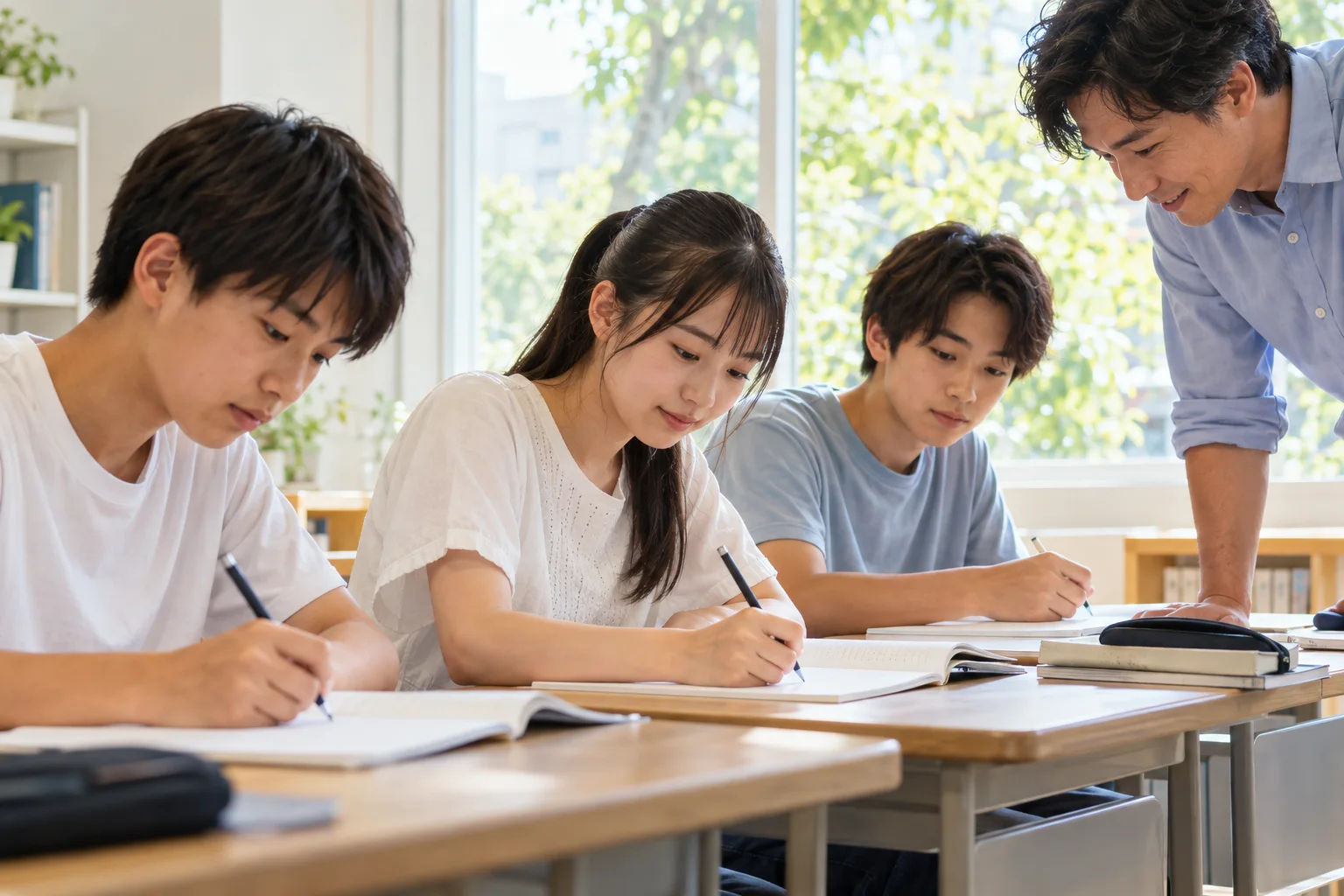 明るい教室で学習に取り組む中学生と、そばで見守る講師