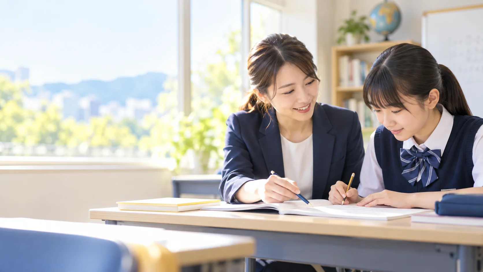 生徒のノートを見ながら、考え方を丁寧に説明する講師