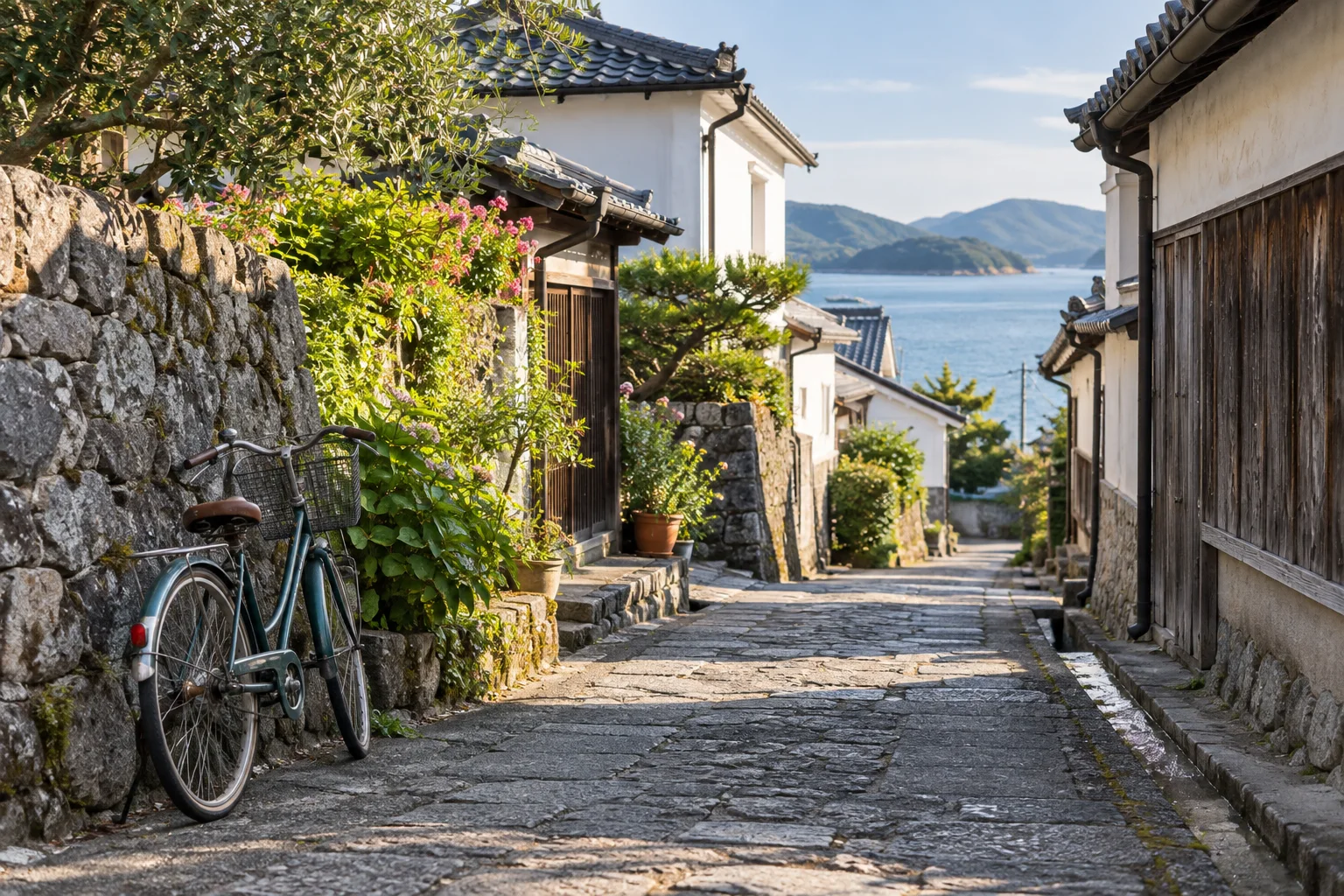 海へと続く静かな島の路地と、自転車