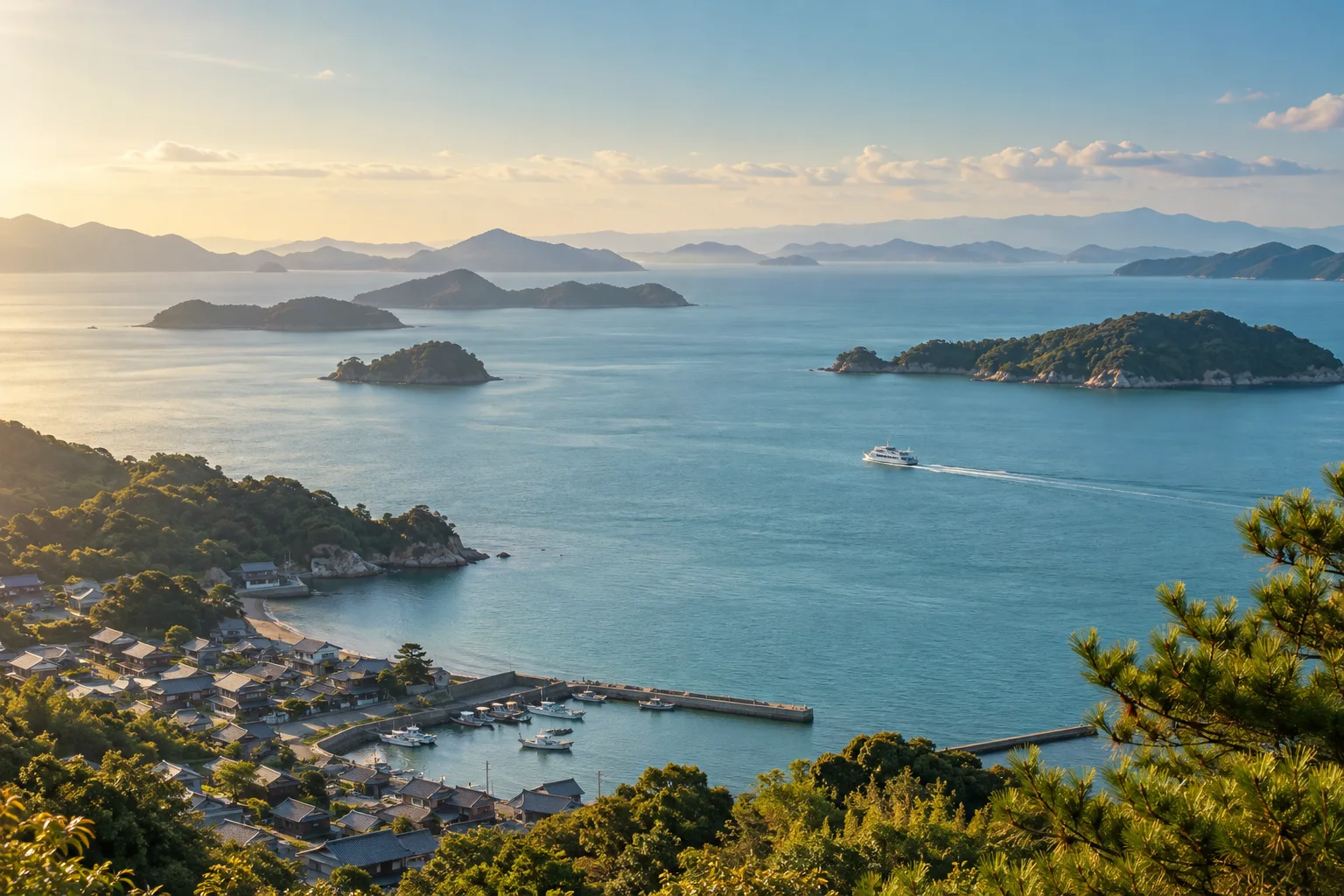 穏やかな瀬戸内海と、幾重にも重なる島々を望む風景