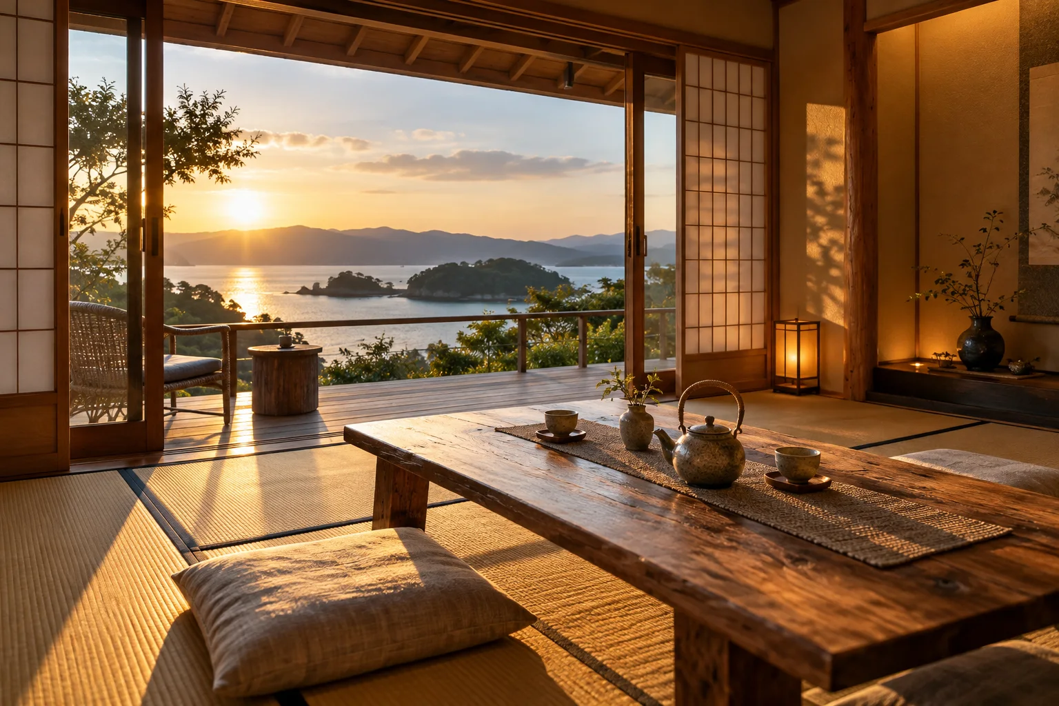 窓いっぱいに夕暮れの海が広がる、静かな宿のイメージ
