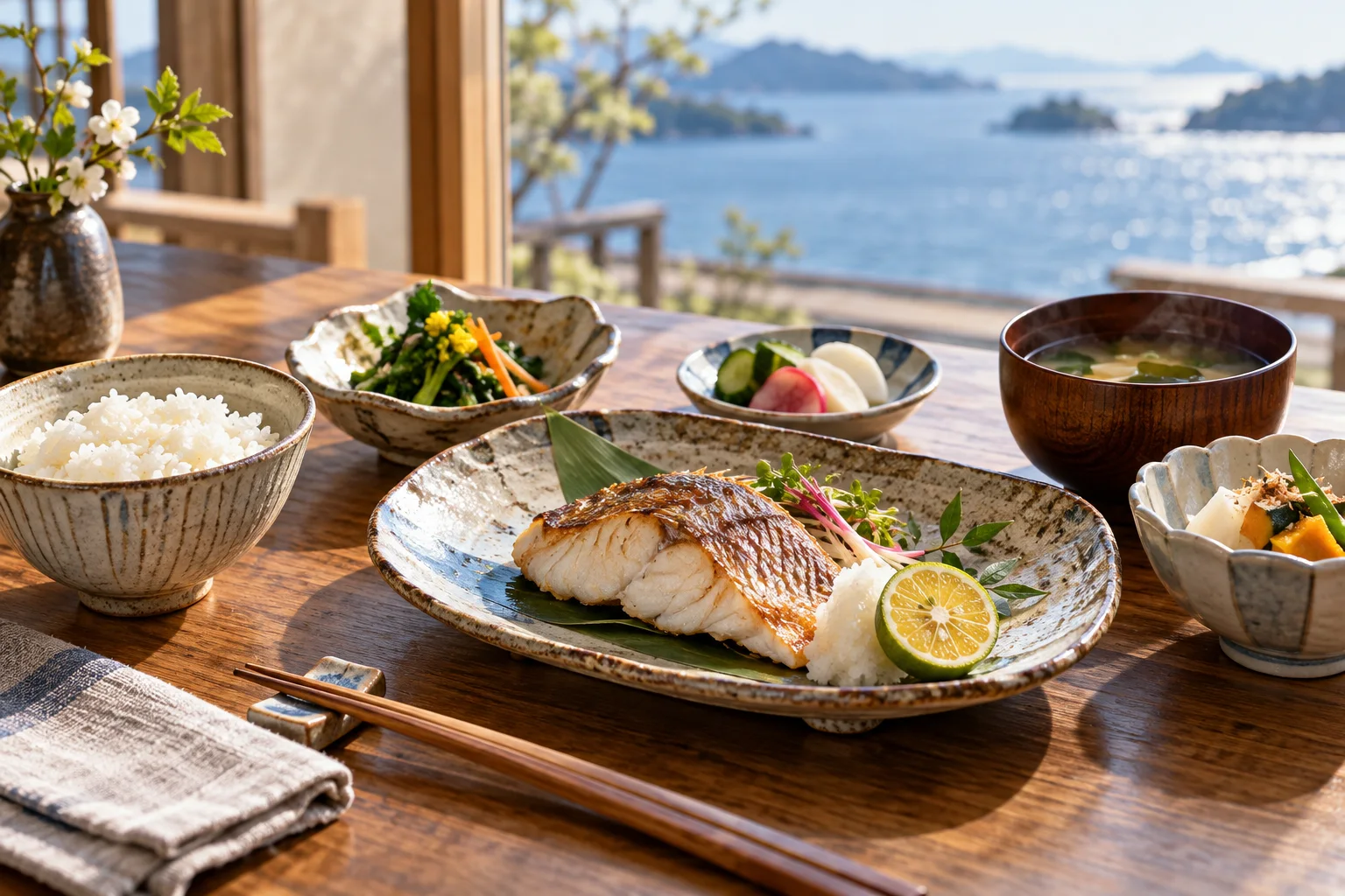 海を望む食卓に並ぶ、焼き魚と旬の野菜の和食